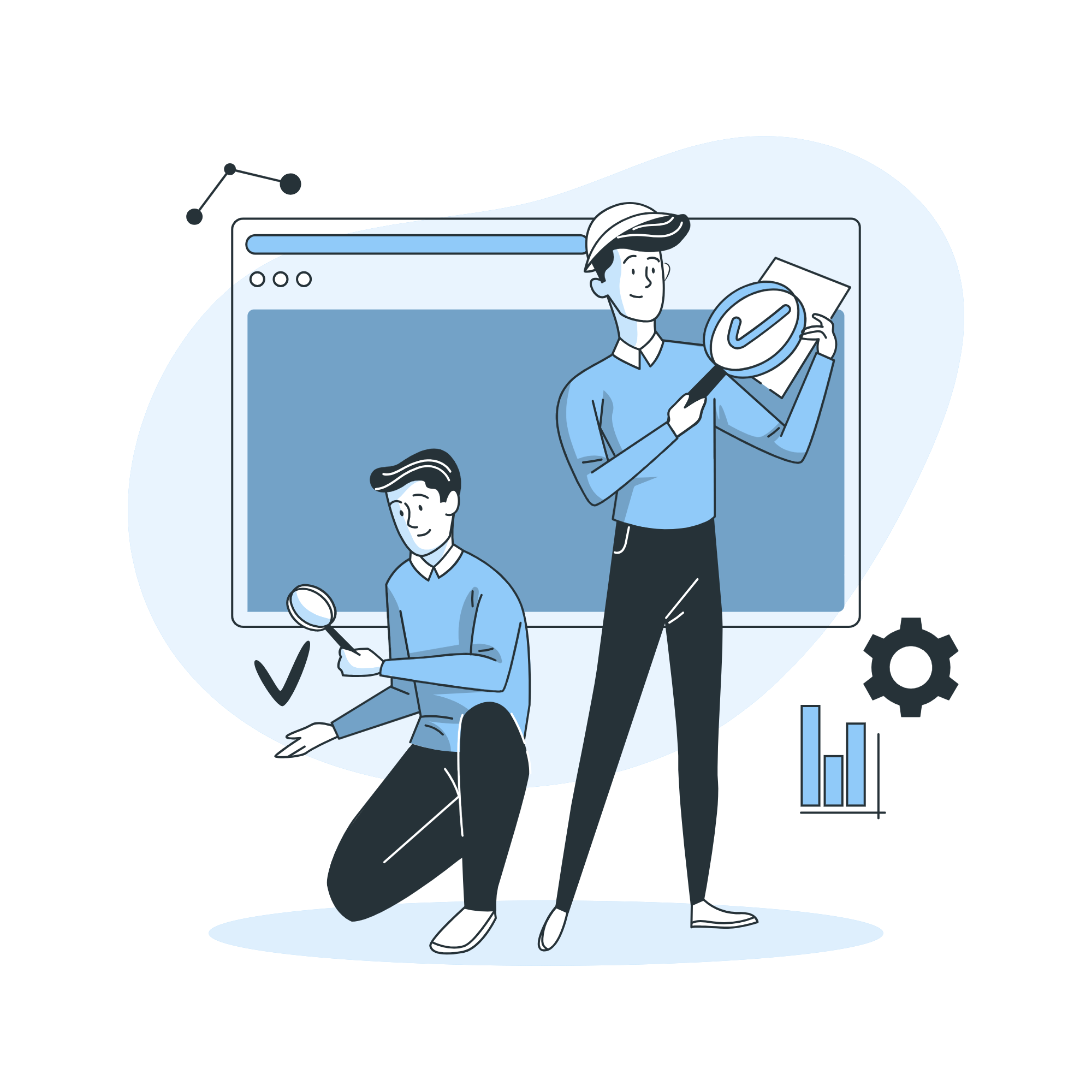 An illustration of two QA engineers using magnifying glasses to inspect and validate data, symbolizing the meticulous attention required in transitioning from cookie-based tracking to first-party data ecosystems. The image reflects how brands and retailers must closely monitor and adapt to subscriber opt-in models and privacy-compliant solutions in order to maintain comprehensive audience engagement and marketing effectiveness as cookies phase out