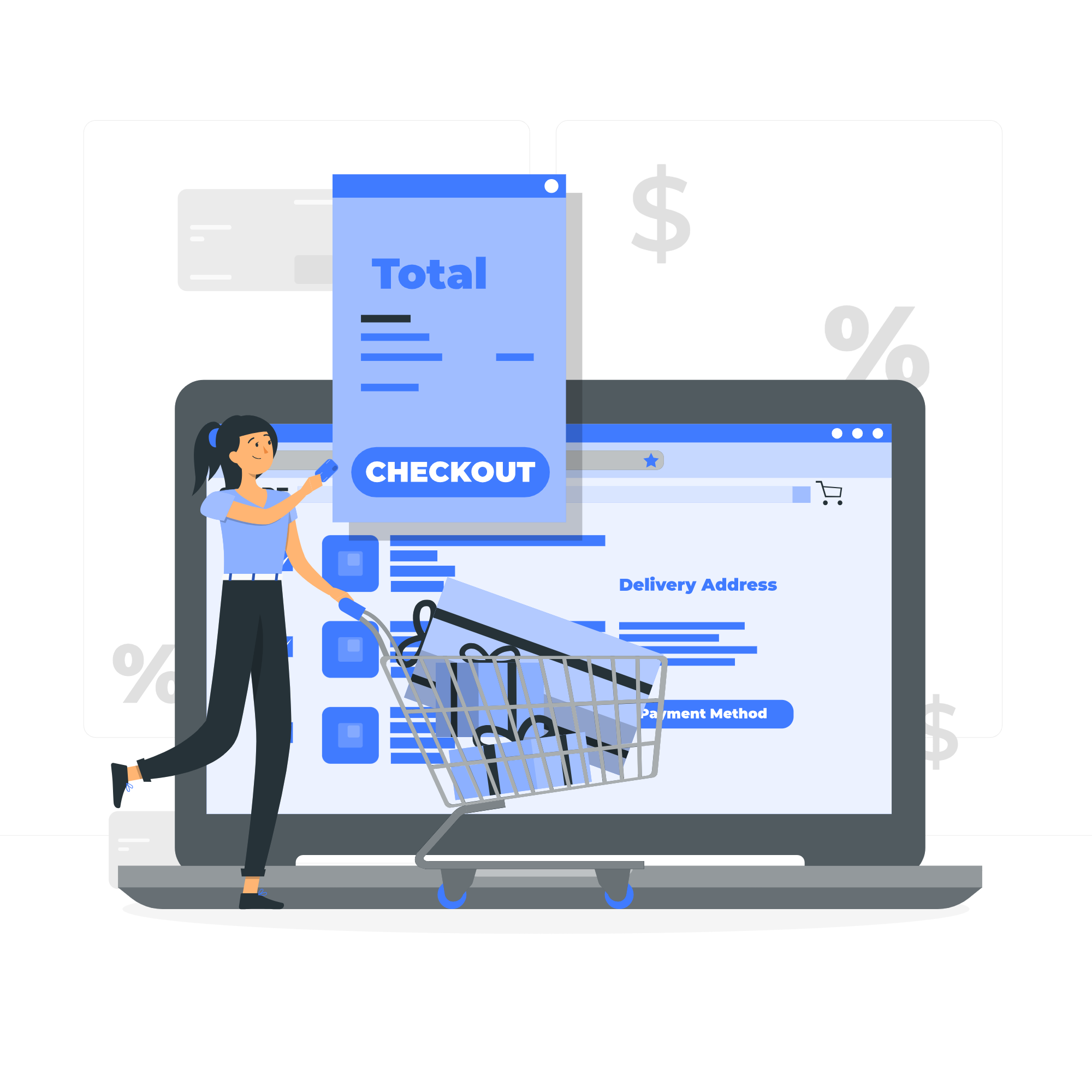 Illustration of a woman pushing a shopping cart in front of a computer displaying an online checkout page, highlighting the seamless integration between online stores and retail media networks, enhancing user experiences in today's e-commerce landscape.