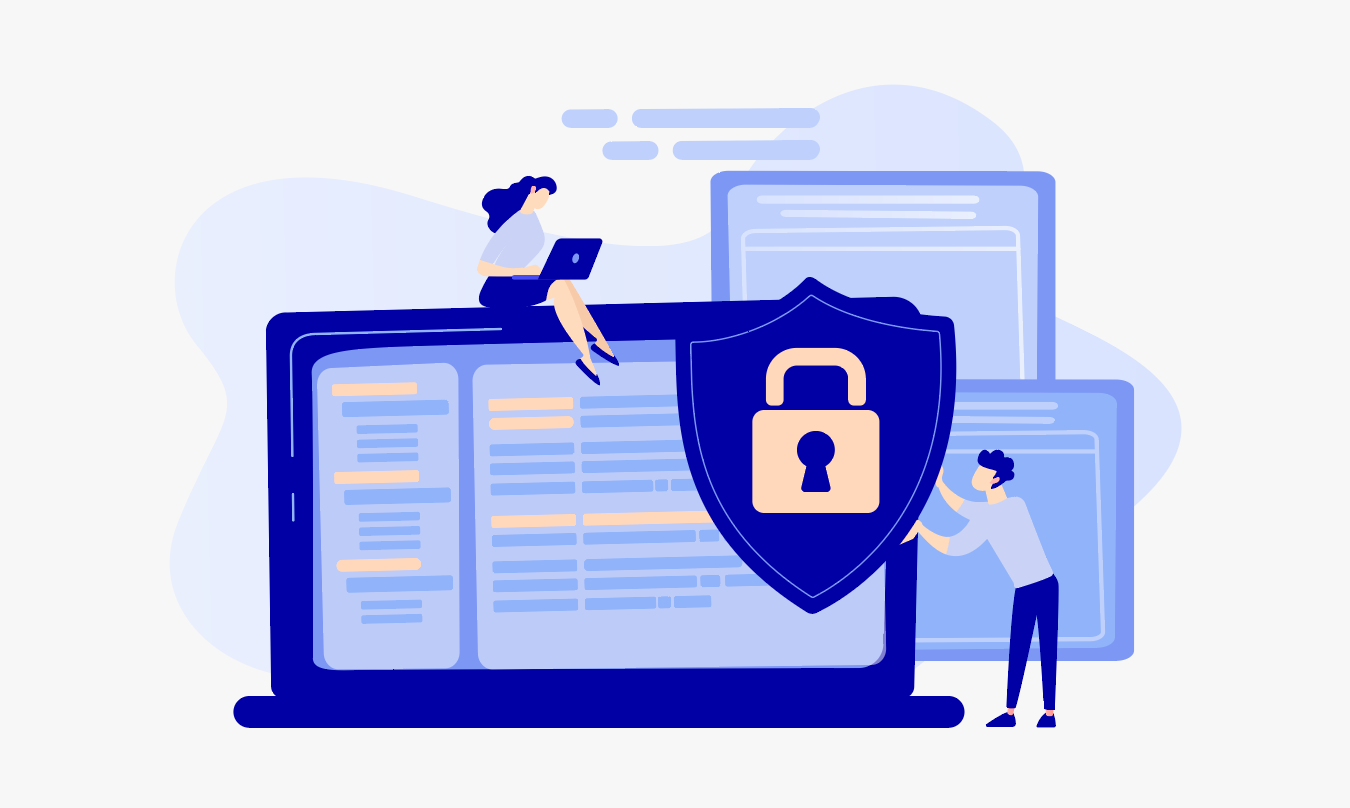 Data security illustration showing laptop with protective shield and figures managing privacy settings