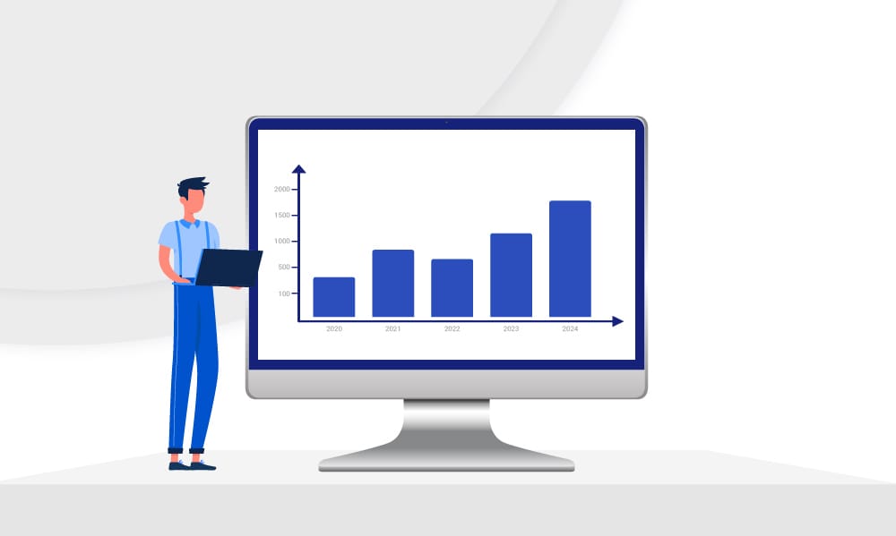 Person analyzing retail media growth chart showing increasing trend from 2020 to 2024 on desktop