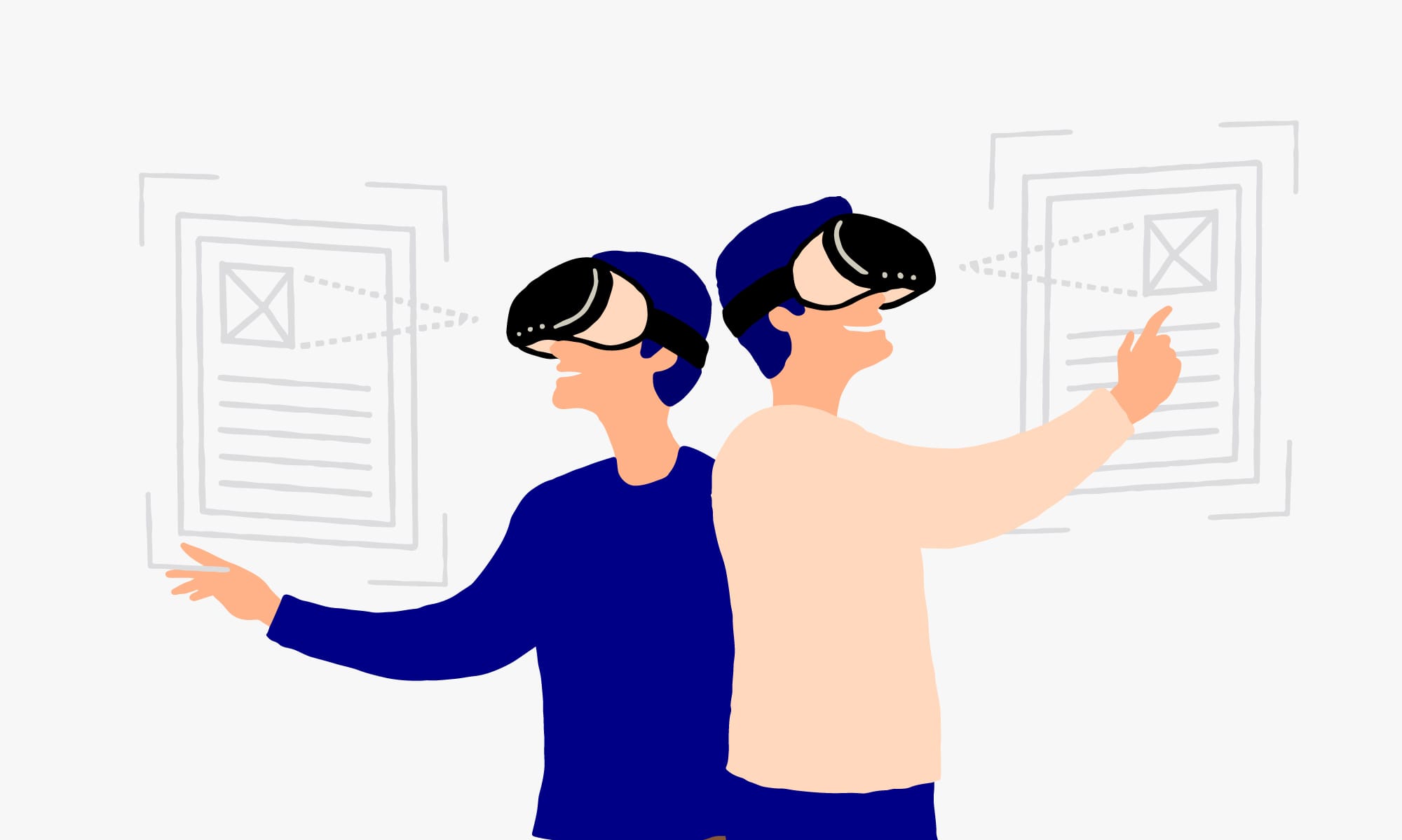 Two users in VR headsets interacting with virtual retail content and product displays