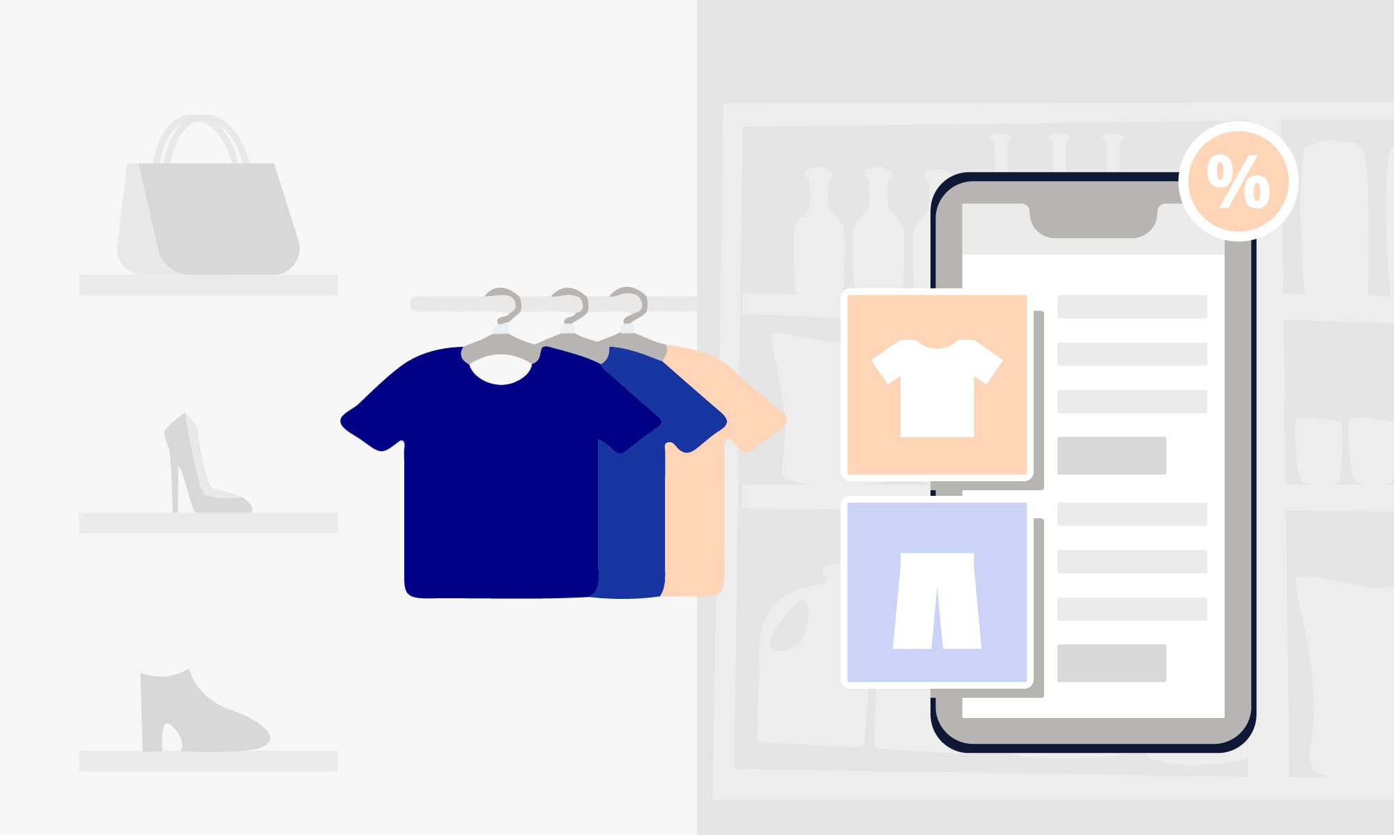 Split view of physical clothing rack and mobile shopping app, illustrating retail channel integration.