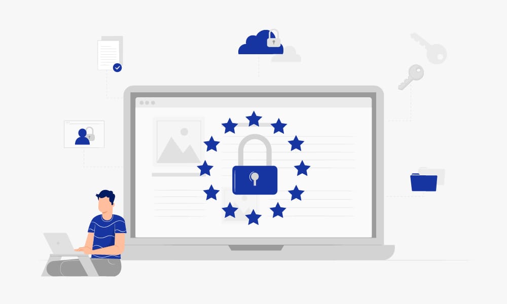 Data privacy illustration with EU stars and lock icon, representing GDPR compliance