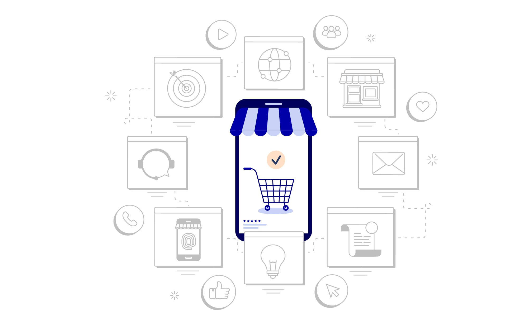 Simplified illustration of a mobile phone with shopping cart icon, surrounded by retail and commerce related symbols