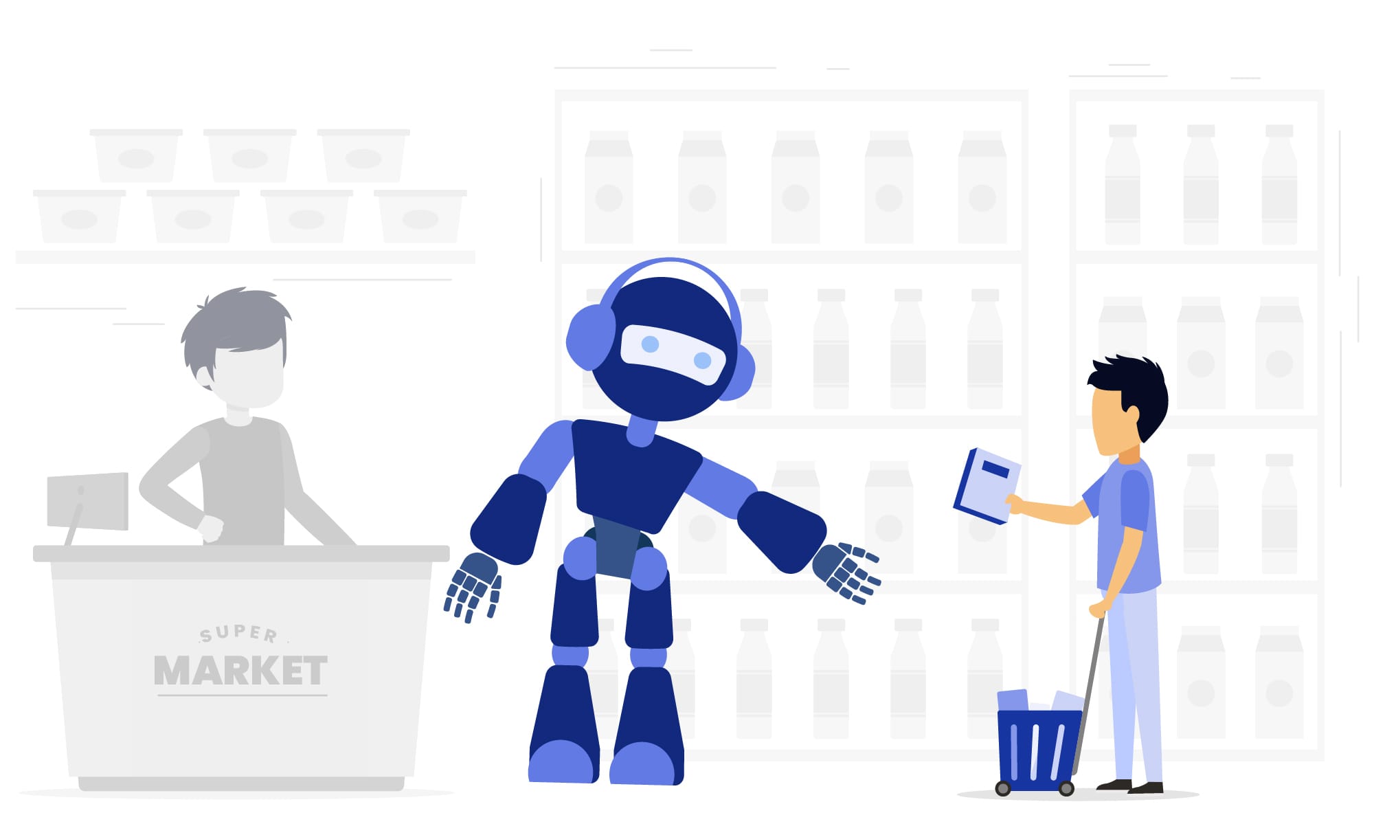 Illustration showing retail automation with robot assistant helping customer in store environment